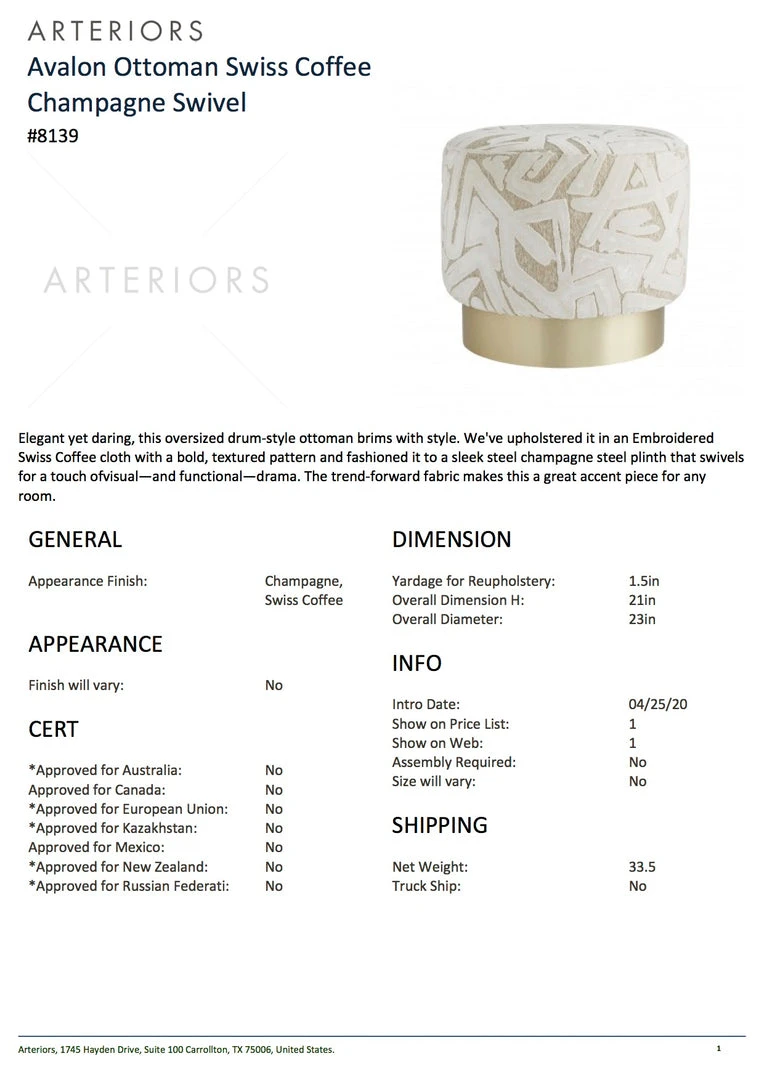 Arteriors Home New Arrivals Avalon Ottoman Swiss Coffee Champagne Swivel 7 Arteriors Home New Arrivals Avalon Ottoman Swiss Coffee Champagne Swivel