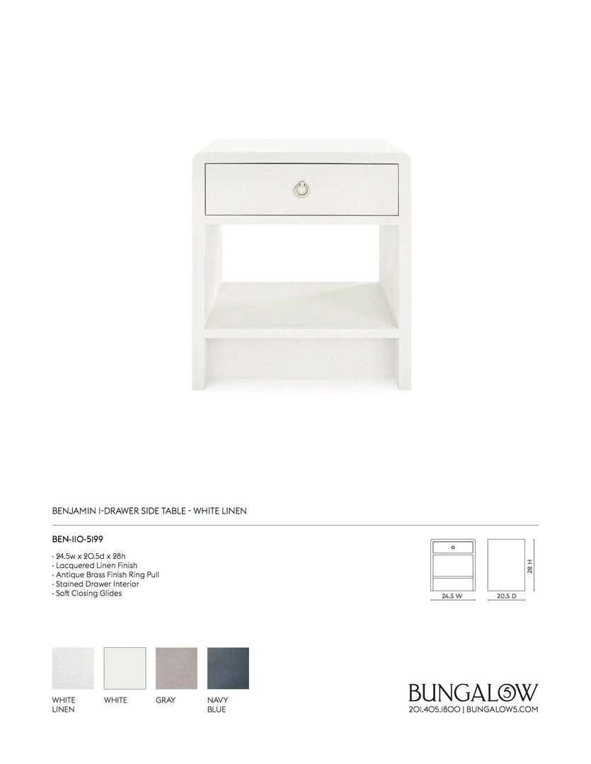 Bungalow 5 Benjamin Linen 1 Drawer Side Table White New Arrivals 4 Bungalow 5 Benjamin Linen 1 Drawer Side Table White New Arrivals