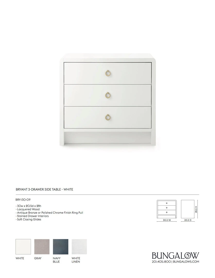 Bungalow 5 New Arrivals Bryant 3 Drawer Side Table White 4 Bungalow 5 New Arrivals Bryant 3 Drawer Side Table White
