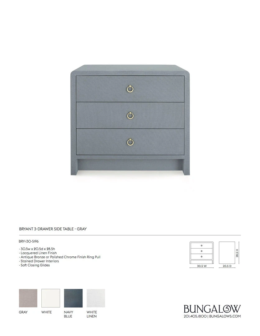 Bungalow 5 Bryant Linen 3 Drawer Side Table Gray New Arrivals 5 Bungalow 5 Bryant Linen 3 Drawer Side Table Gray New Arrivals