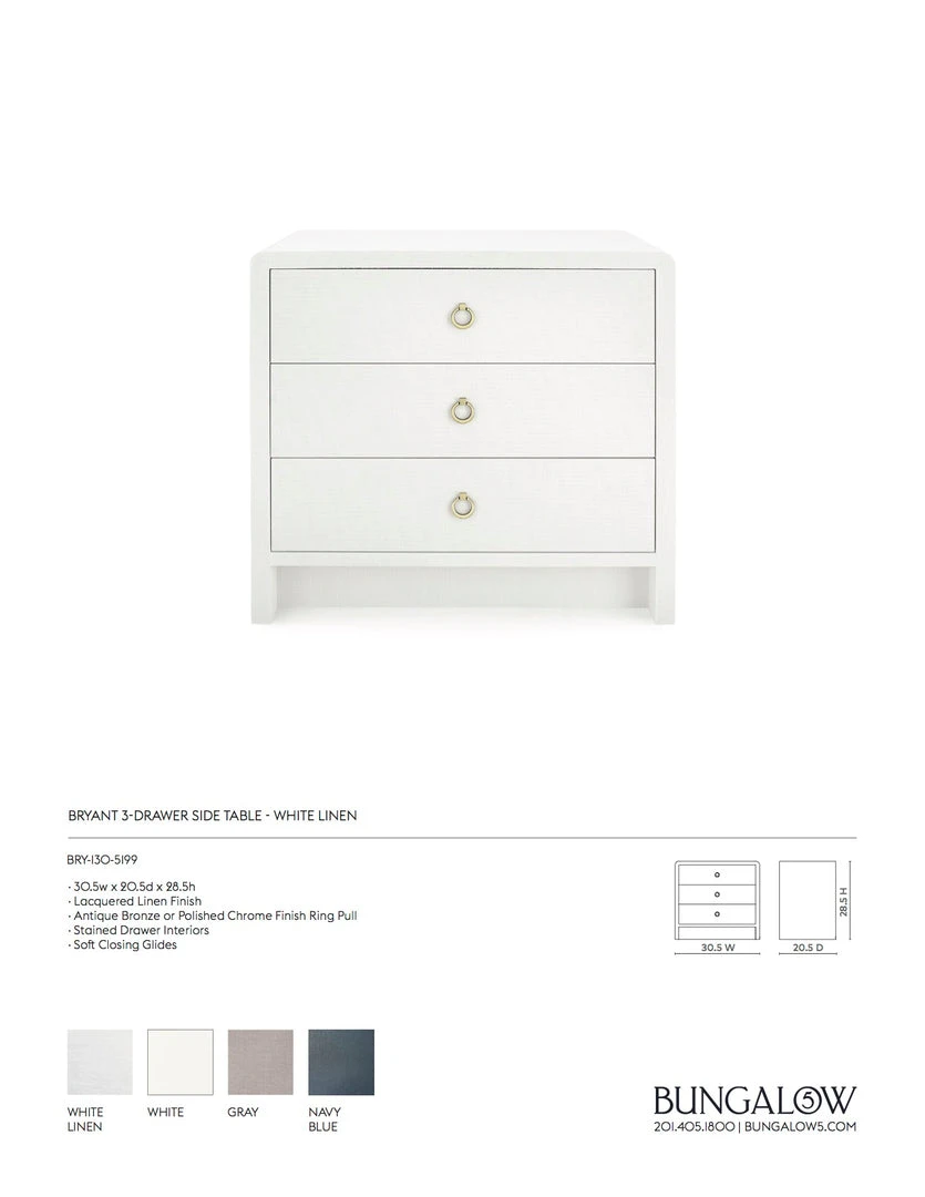 Bungalow 5 Bryant Linen 3 Drawer Side Table White New Arrivals 4 Bungalow 5 Bryant Linen 3 Drawer Side Table White New Arrivals