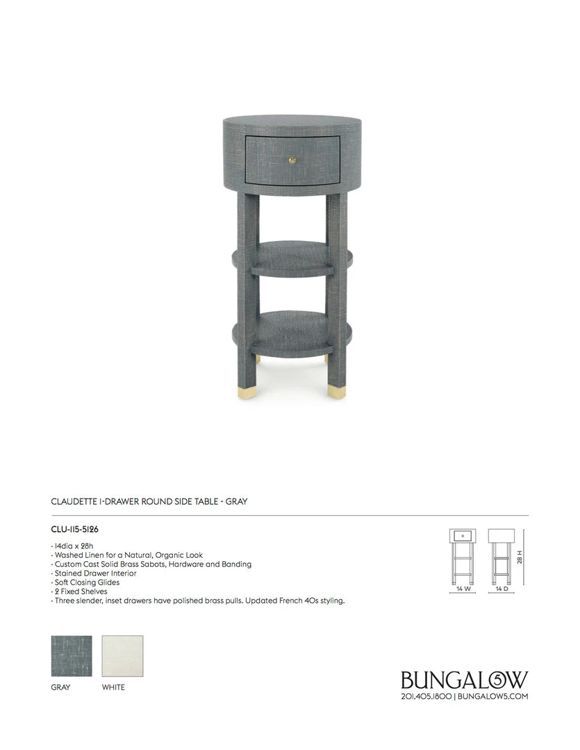 Bungalow 5 New Arrivals Claudette One Drawer Round Side Table Gray 4 Bungalow 5 New Arrivals Claudette One Drawer Round Side Table Gray