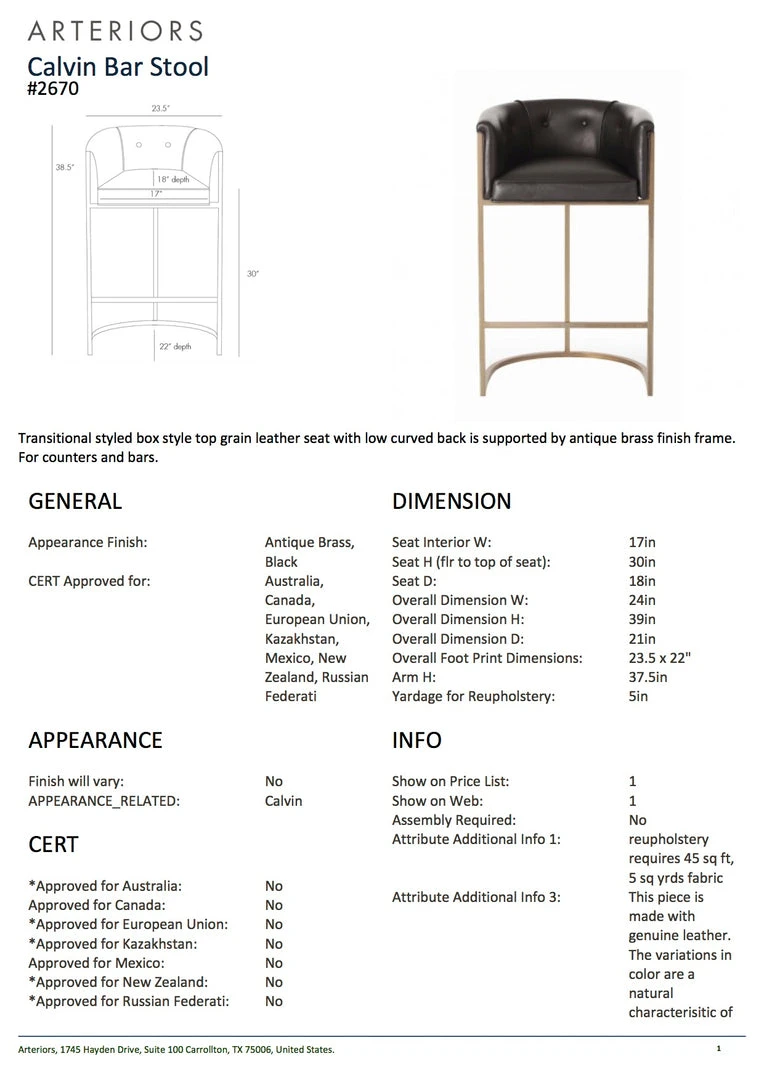 Arteriors Home Calvin Bar Stool Black Leather And Brass 5 Arteriors Home Calvin Bar Stool Black Leather And Brass