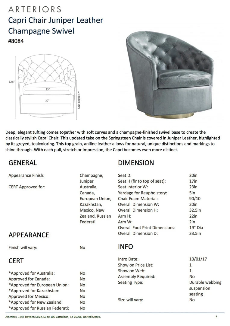 Arteriors Home New Arrivals Capri Chair Juniper Leather Champagne Swivel 5 Arteriors Home New Arrivals Capri Chair Juniper Leather Champagne Swivel