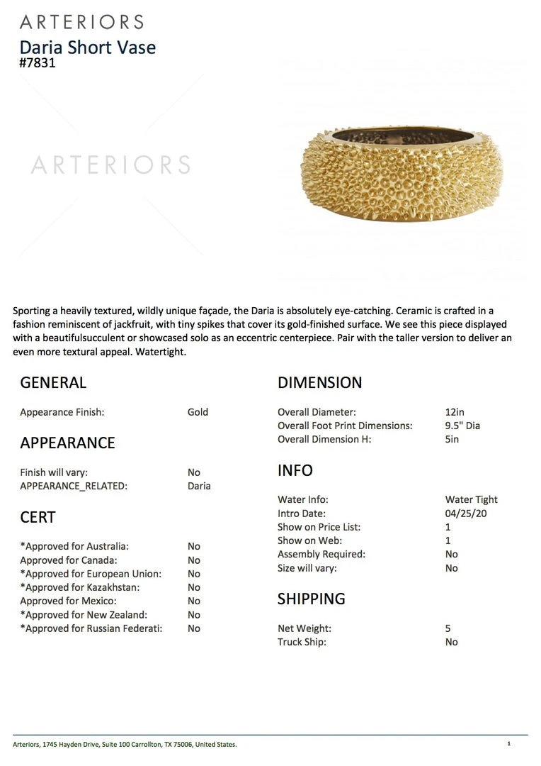 Arteriors Home Daria Short Vase Gold 10 Arteriors Home Daria Short Vase Gold