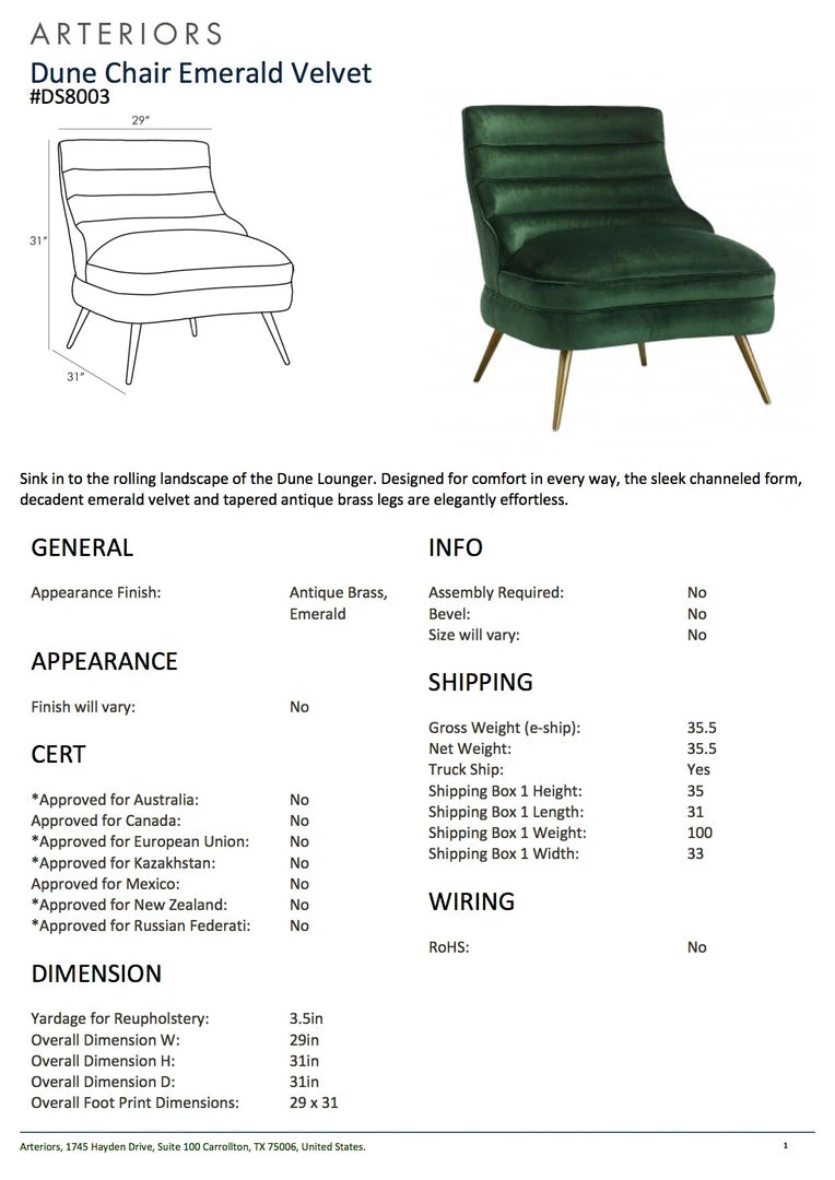 Arteriors Home Dune Chair Emerald Velvet 5 Arteriors Home Dune Chair Emerald Velvet