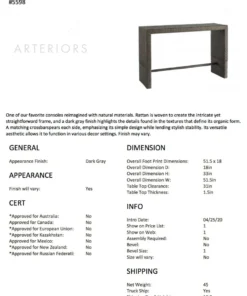 Arteriors Home Dutch Console Grey Rattan