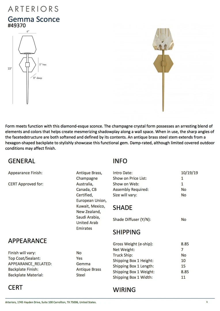 Arteriors Home Gemma Sconce Champagne New Arrivals 6 Arteriors Home Gemma Sconce Champagne New Arrivals