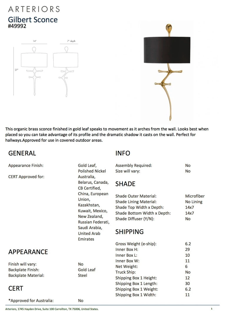 Arteriors Home Gilbert Wall Sconce Gold Leaf 5 Arteriors Home Gilbert Wall Sconce Gold Leaf