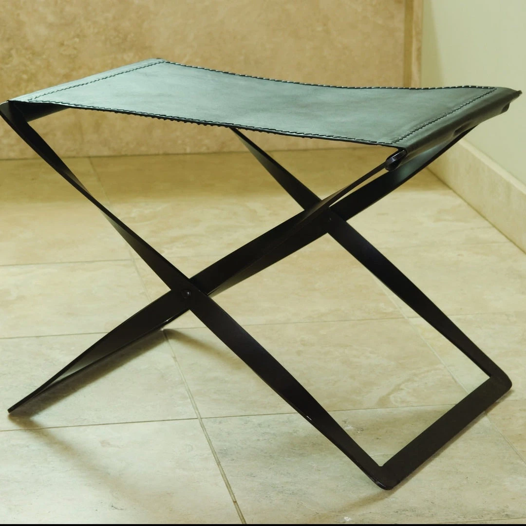 Global Views Folding Stool Iron And Brown Leather 2 Global Views Folding Stool Iron And Brown Leather