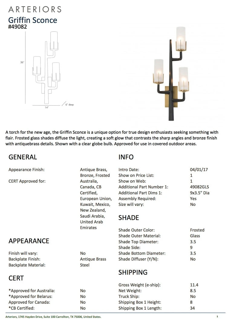 Arteriors Home Griffin Sconce 6 Arteriors Home Griffin Sconce