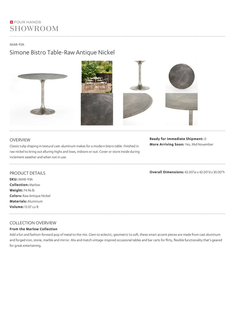 Four Hands Simone Bistro Table Raw Antique Nickel New Arrivals 5 Four Hands Simone Bistro Table Raw Antique Nickel New Arrivals