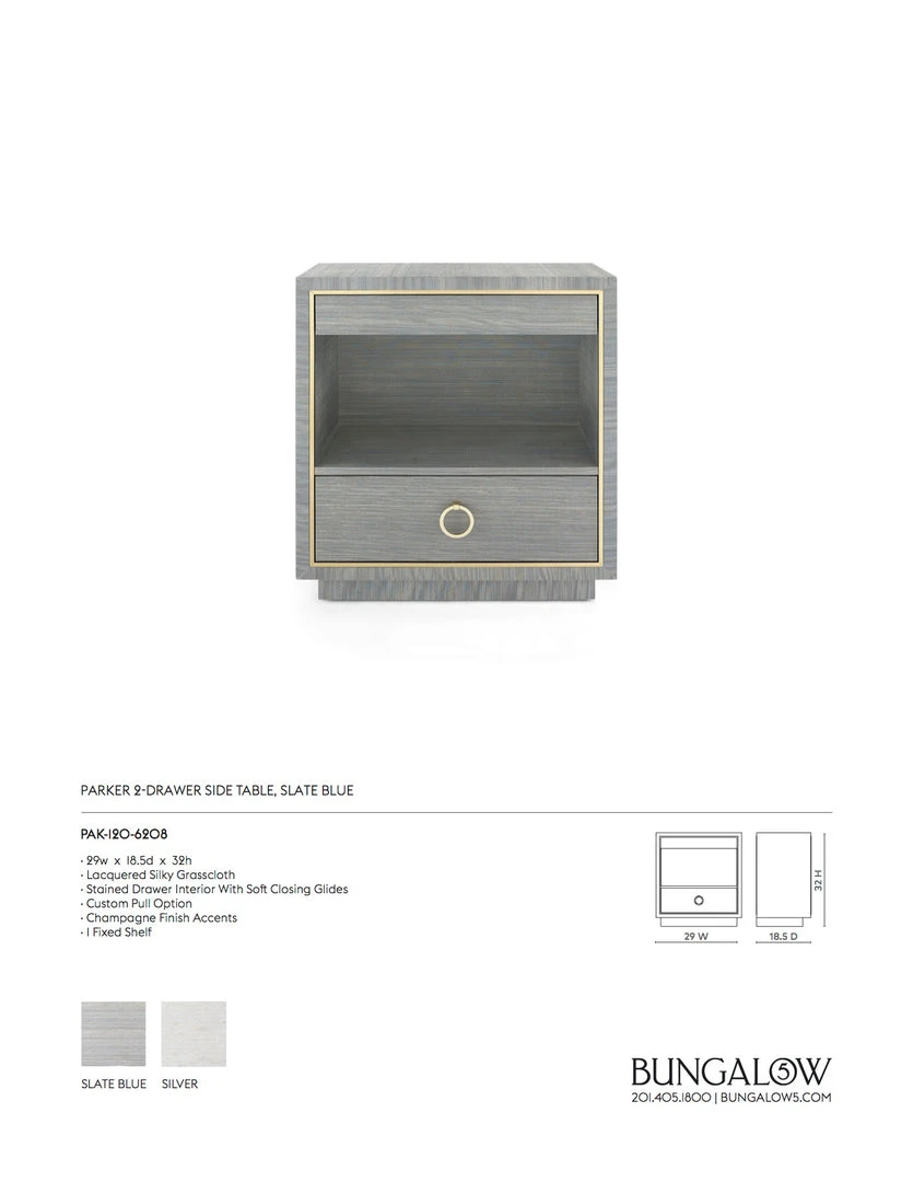 Bungalow 5 New Arrivals Parker 2 Drawer Side Table Slate Blue Lacquered Grasscloth 4 Bungalow 5 New Arrivals Parker 2 Drawer Side Table Slate Blue Lacquered Grasscloth