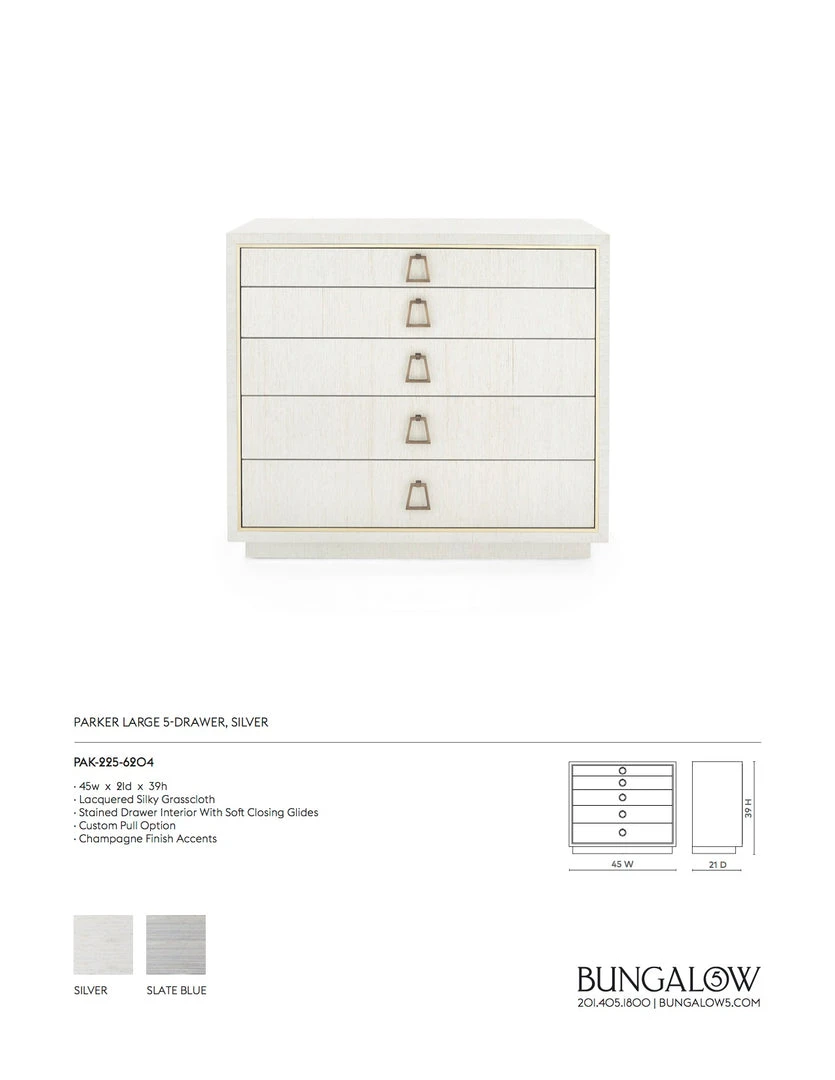 Bungalow 5 New Arrivals Parker Large 5 Drawer Chest Silver Lacquered Grasscloth 4 Bungalow 5 New Arrivals Parker Large 5 Drawer Chest Silver Lacquered Grasscloth