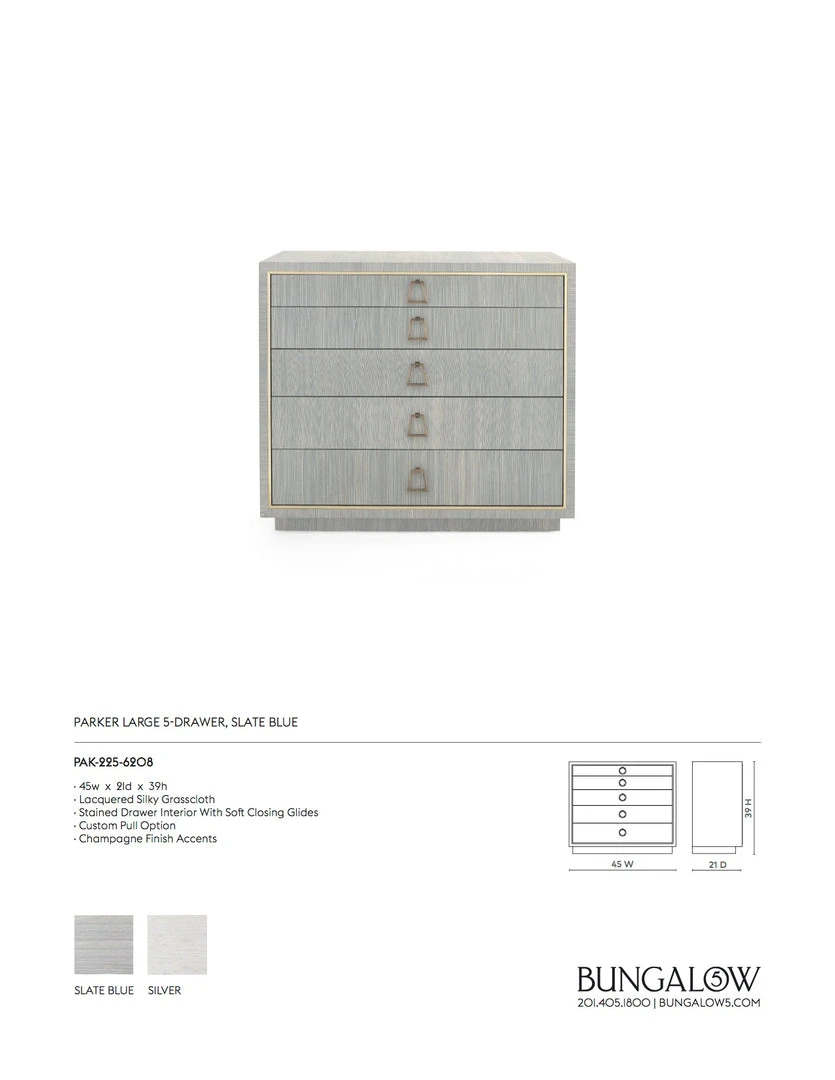 Bungalow 5 Parker Large 5 Drawer Chest Slate Blue Lacquered Grasscloth 4 Bungalow 5 Parker Large 5 Drawer Chest Slate Blue Lacquered Grasscloth