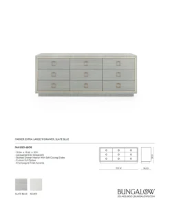 Bungalow 5 New Arrivals Parker Extra Large 9 Drawer Chest Slate Blue Lacquered Grasscloth