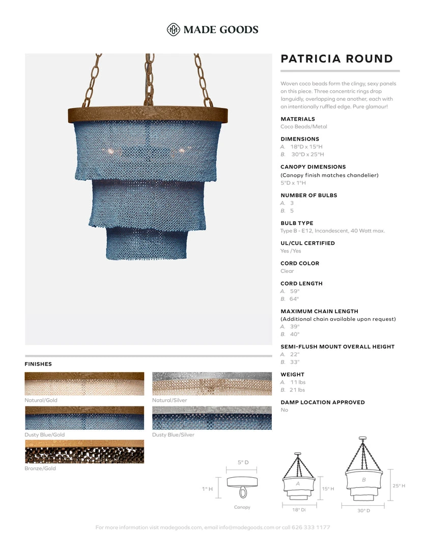 Made Goods New Arrivals Patricia Chandelier Small Dusty Blue Coco Beads And Gold Metal 3 Made Goods New Arrivals Patricia Chandelier Small Dusty Blue Coco Beads And Gold Metal