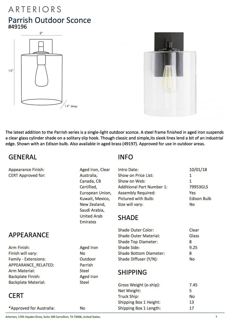 Arteriors Home Parrish Outdoor Sconce Aged Iron 4 Arteriors Home Parrish Outdoor Sconce Aged Iron