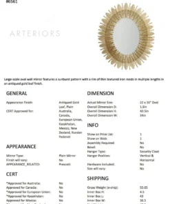 Arteriors Home New Arrivals Prescott Large Oval Iron Mirror Gold Leaf