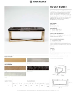 Made Goods Roger Single Bench Gray Hide With Antique Brass Base