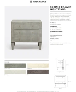 Made Goods New Arrivals Sorin 3 Drawer Single Nightstand Castor Gray Faux Shagreen