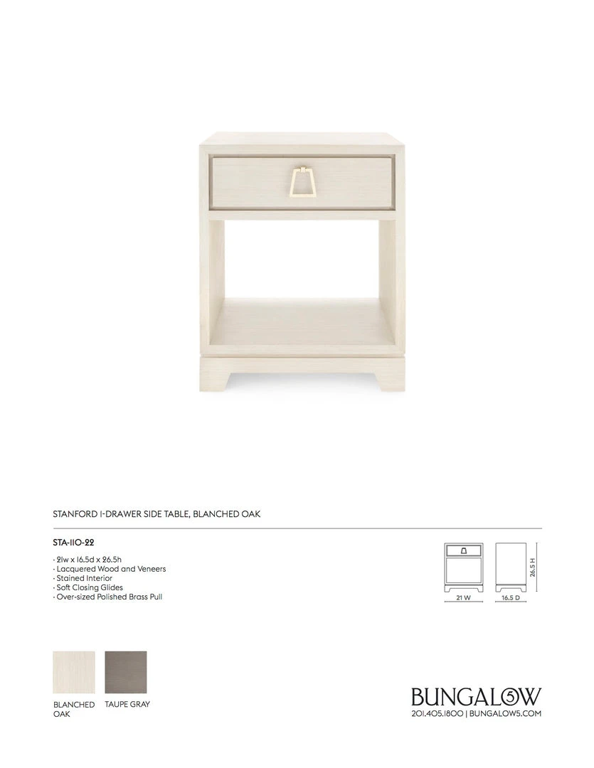 Bungalow 5 New Arrivals Stanford 1 Drawer Side Table Blanched Oak 4 Bungalow 5 New Arrivals Stanford 1 Drawer Side Table Blanched Oak