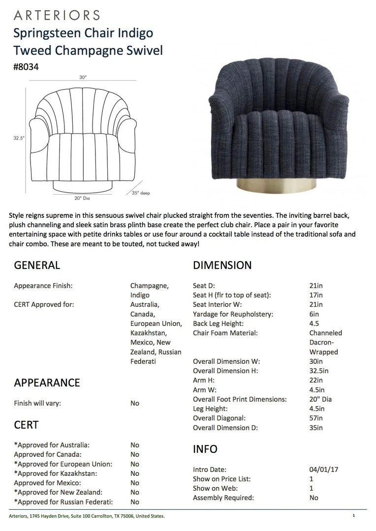 Arteriors Home Springsteen Chair Indigo Tweed Champagne Swivel New Arrivals 5 Arteriors Home Springsteen Chair Indigo Tweed Champagne Swivel New Arrivals