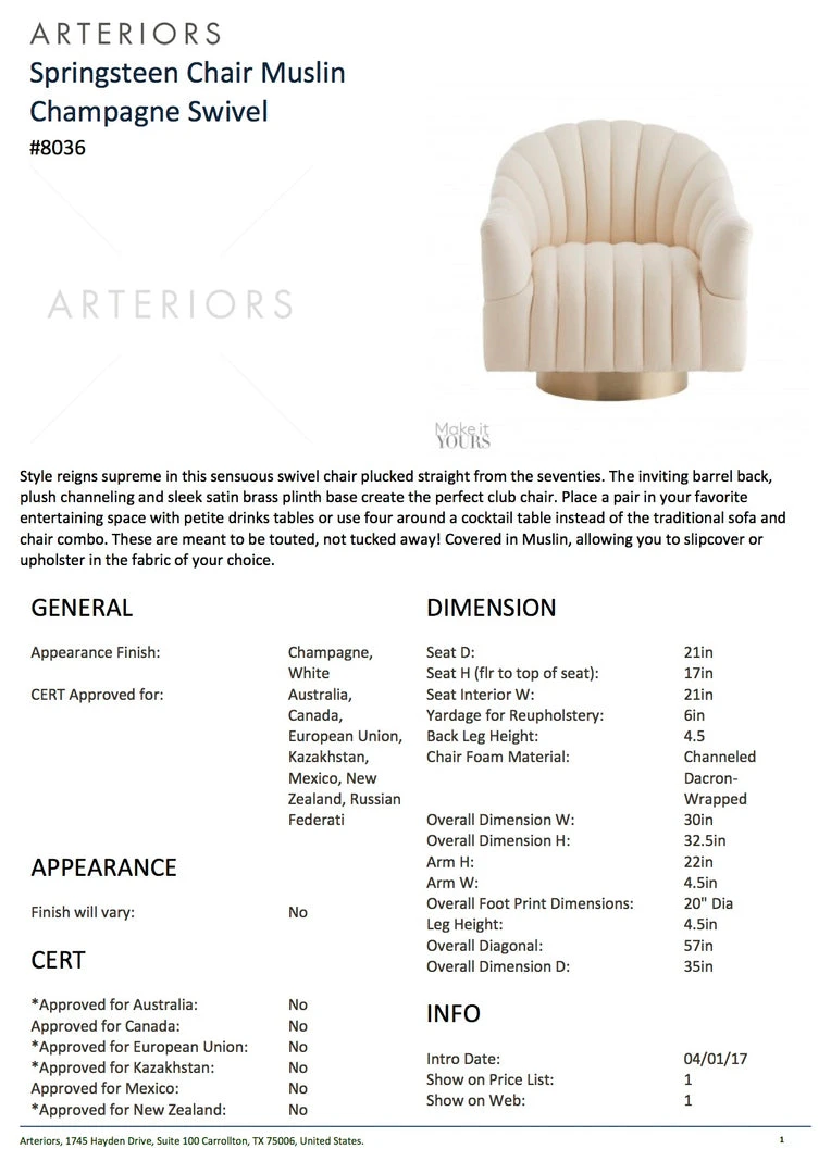 Arteriors Home New Arrivals Springsteen Chair Muslin Champagne Swivel 3 Arteriors Home New Arrivals Springsteen Chair Muslin Champagne Swivel