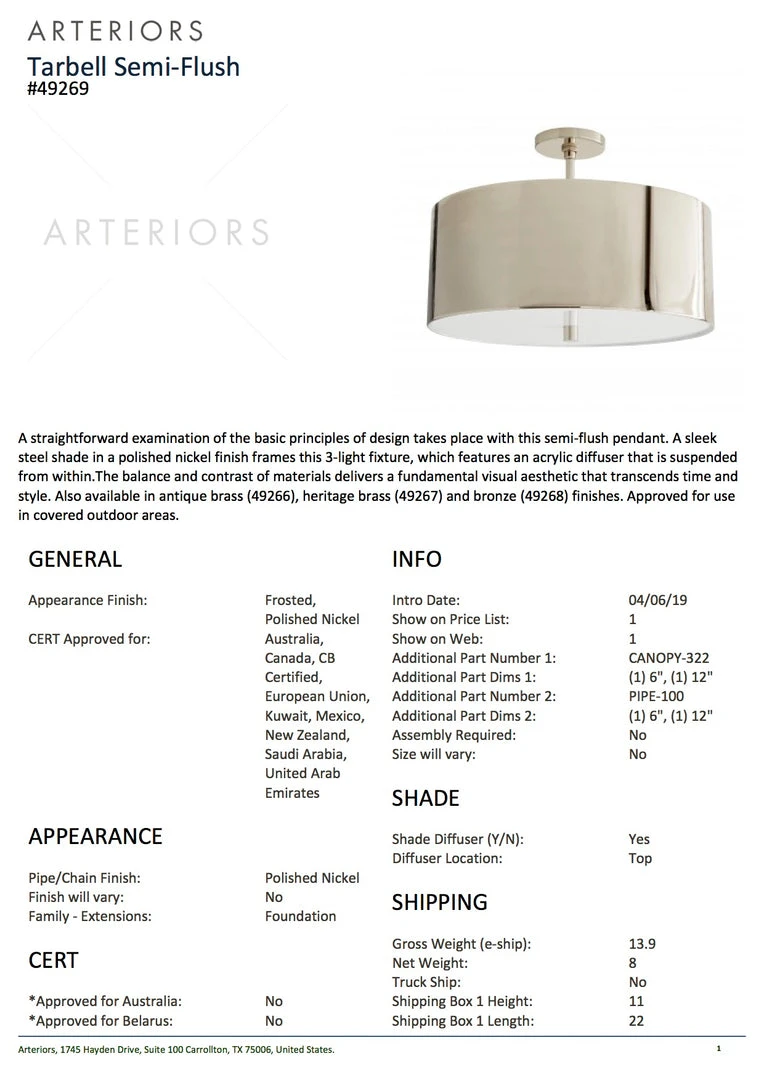 Arteriors Home Tarbell Semi Flush Polished Nickel New Arrivals 5 Arteriors Home Tarbell Semi Flush Polished Nickel New Arrivals