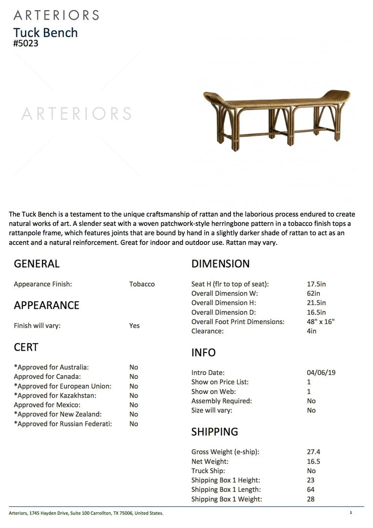 Arteriors Home Tucker Bench Tobacco Rattan New Arrivals 5 Arteriors Home Tucker Bench Tobacco Rattan New Arrivals