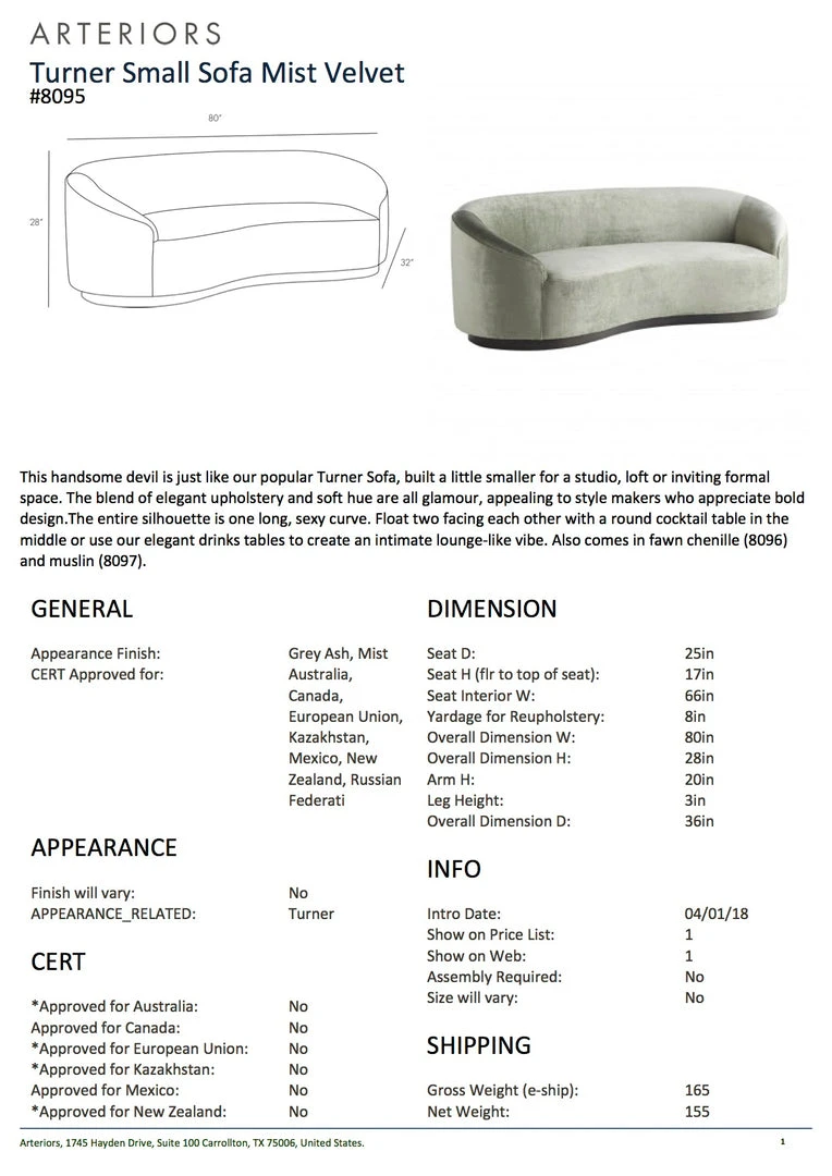 Arteriors Home Turner Small Sofa Mist Velvet New Arrivals 5 Arteriors Home Turner Small Sofa Mist Velvet New Arrivals