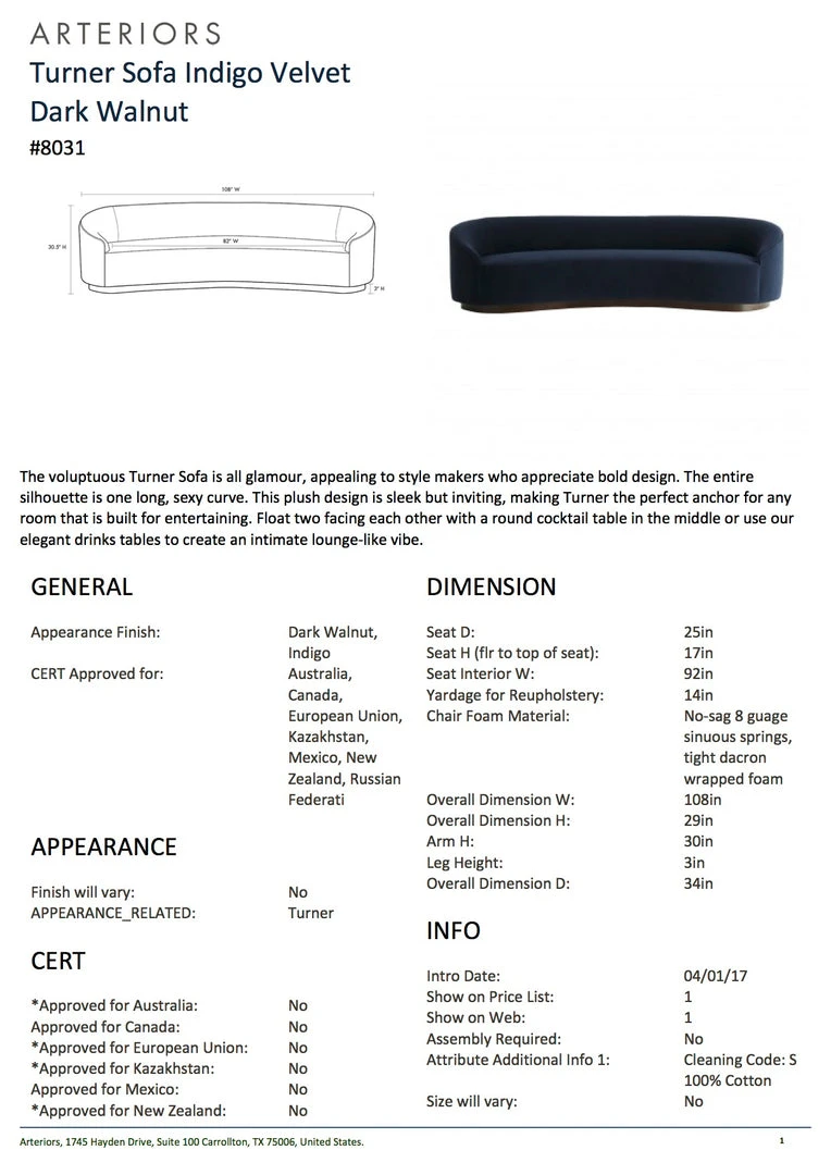 Arteriors Home Turner Sofa Indigo Velvet Dark Walnut 5 Arteriors Home Turner Sofa Indigo Velvet Dark Walnut