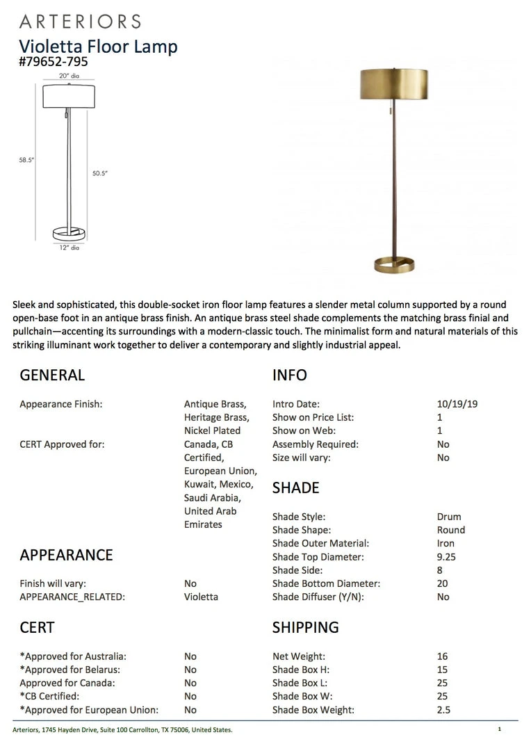 Arteriors Home Violetta Floor Lamp Antique Brass 6 Arteriors Home Violetta Floor Lamp Antique Brass