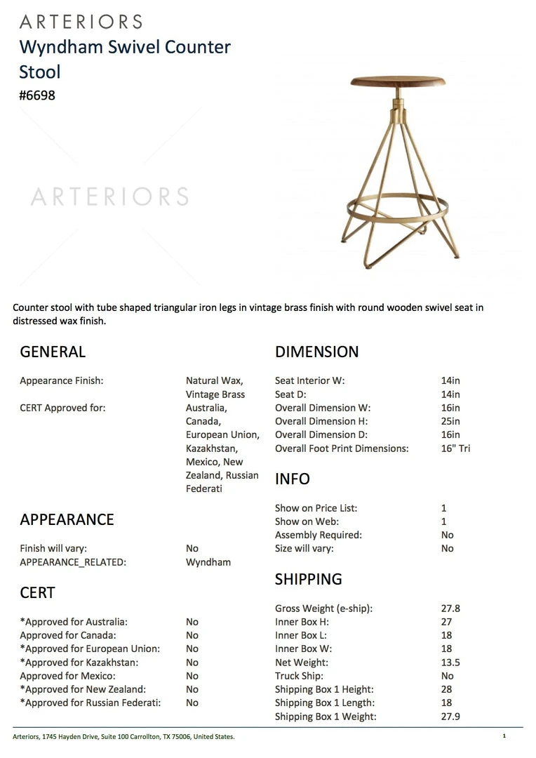 Arteriors Home Wyndham Swivel Counter Stool Vintage Brass 3 Arteriors Home Wyndham Swivel Counter Stool Vintage Brass