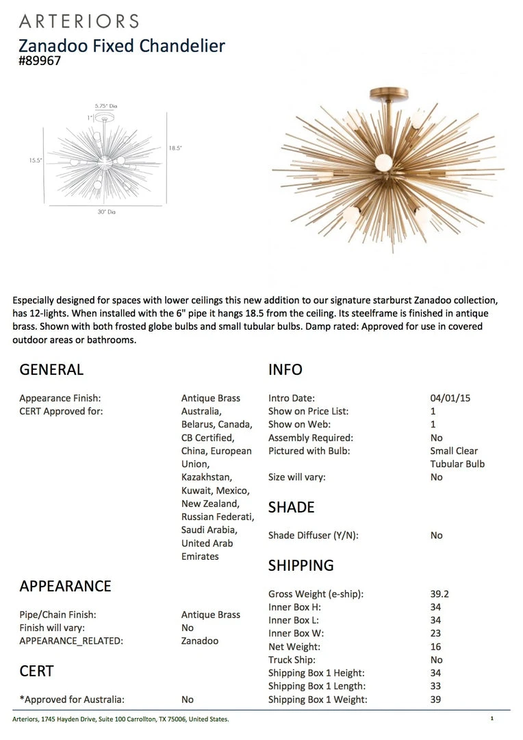 Arteriors Home Zanadoo Fixed Chandelier Antique Brass 6 Arteriors Home Zanadoo Fixed Chandelier Antique Brass