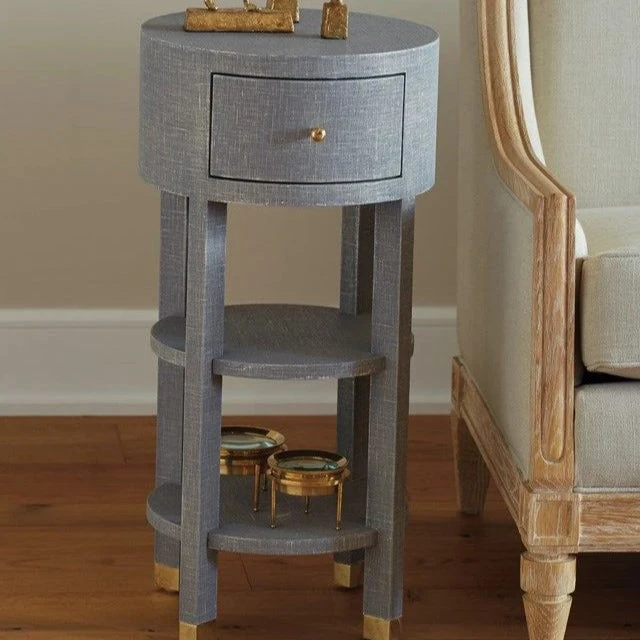 Bungalow 5 New Arrivals Claudette One Drawer Round Side Table Gray 3 Bungalow 5 New Arrivals Claudette One Drawer Round Side Table Gray
