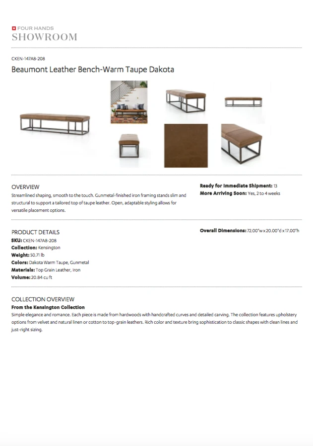 Four Hands Beaumont Bench Warm Taupe Dakota Leather 12 Four Hands Beaumont Bench Warm Taupe Dakota Leather