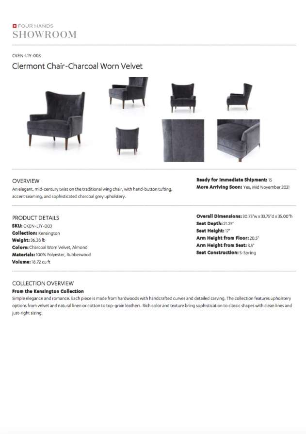 Four Hands Clermont Chair Charcoal Worn Velvet New Arrivals 8 Four Hands Clermont Chair Charcoal Worn Velvet New Arrivals