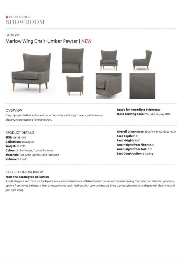 Four Hands Marlow Wing Chair Umber Pewter Leather New Arrivals 8 Four Hands Marlow Wing Chair Umber Pewter Leather New Arrivals