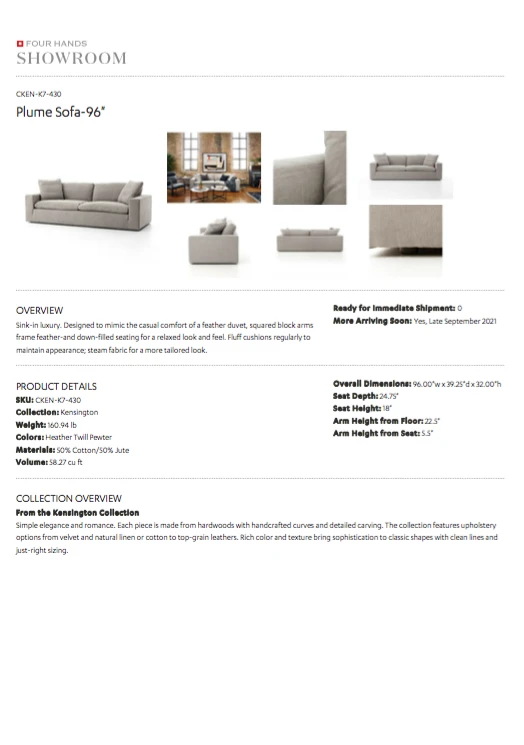 Four Hands Plume Sofa Heather Twill Pewter 10 Four Hands Plume Sofa Heather Twill Pewter