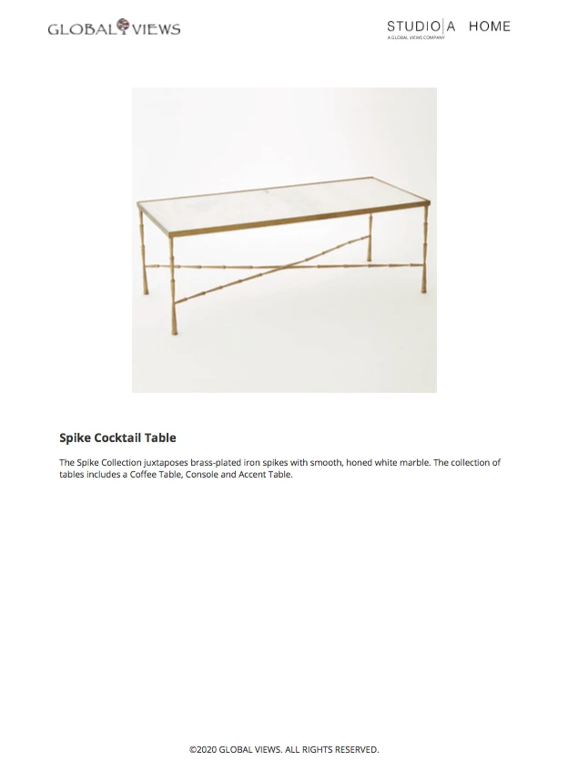 Global Views Spike Cocktail Table Antique Brass White Marble 3 Global Views Spike Cocktail Table Antique Brass White Marble