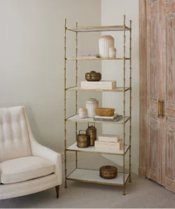 Global Views Spike Etagere Antique Brass And White Marble