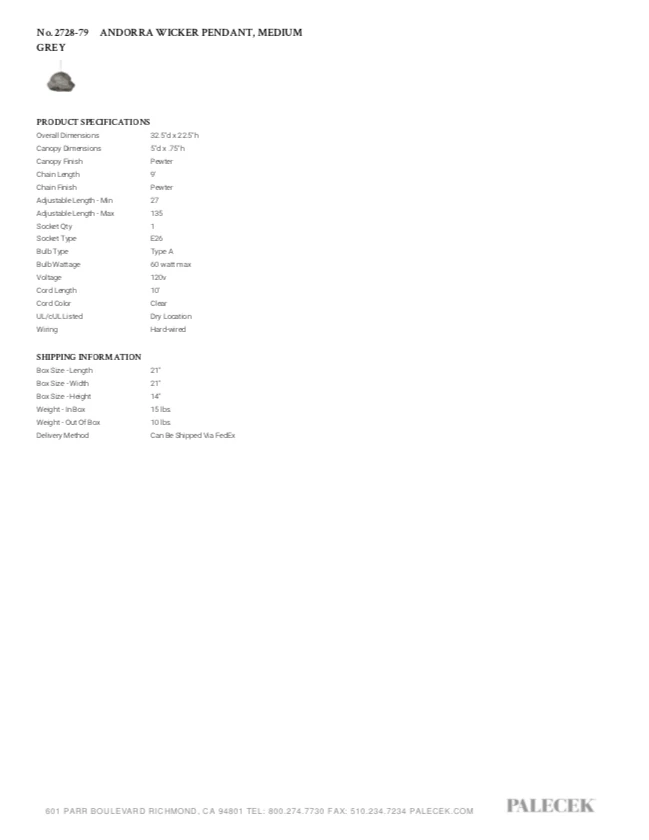 Palecek Andorra Pendant Medium Grey 5 Palecek Andorra Pendant Medium Grey