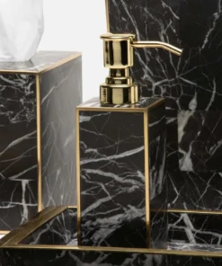 Pigeon And Poodle New Arrivals Rhodes Tissue Box Nero Marble And Brass Metal