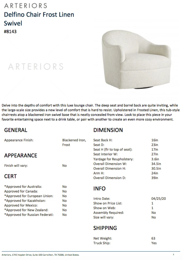 Arteriors Home Delfino Chair Frost Linen Swivel New Arrivals 9 Arteriors Home Delfino Chair Frost Linen Swivel New Arrivals