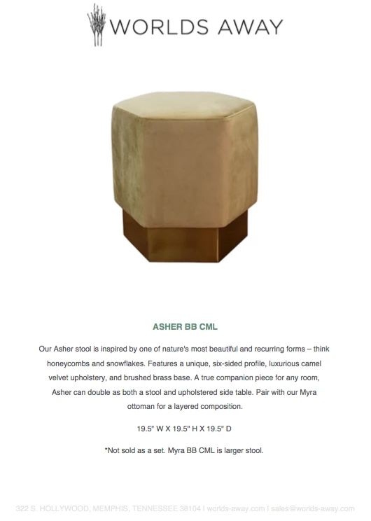 Worlds Away Asher Stool Brushed Brass Camel Velvet New Arrivals 5 Worlds Away Asher Stool Brushed Brass Camel Velvet New Arrivals